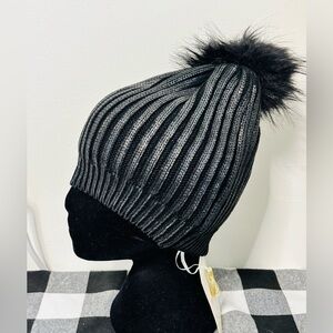 Chic Bling & Black Pom Pom Beanie Hat Winter Warm Unisex Solid Cable Knit Cap
